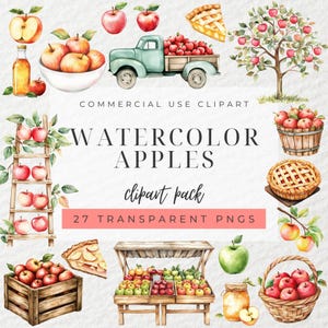 Aquarelle pommes clipart, desserts aux pommes, pommier, stand de pommes, clipart tarte aux pommes, pomme verte, fruits d'été, fruits d'automne, PNG