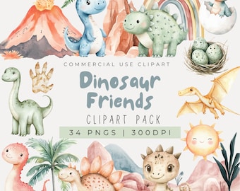 Clipart de dinosaurio de acuarela, lindo clipart de dinosaurio, decoración de guardería, clipart de baby shower, fiesta de cumpleaños de dinosaurio, TRex, bebé dinosaurio PNG, decoración de fiesta
