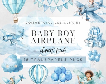Aquarel Baby Boy vliegtuig clipart, blauwe vliegtuig clipart, vintage vliegtuig clipart, reizen kinderkamer decor, hete luchtballon, vliegende clipart