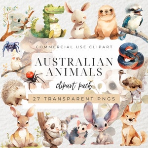 Pack de cliparts animaux australiens aquarelle, clipart animaux, clipart animaux mignons, animaux australiens, koalas, kangourou, clipart bébé, PNG