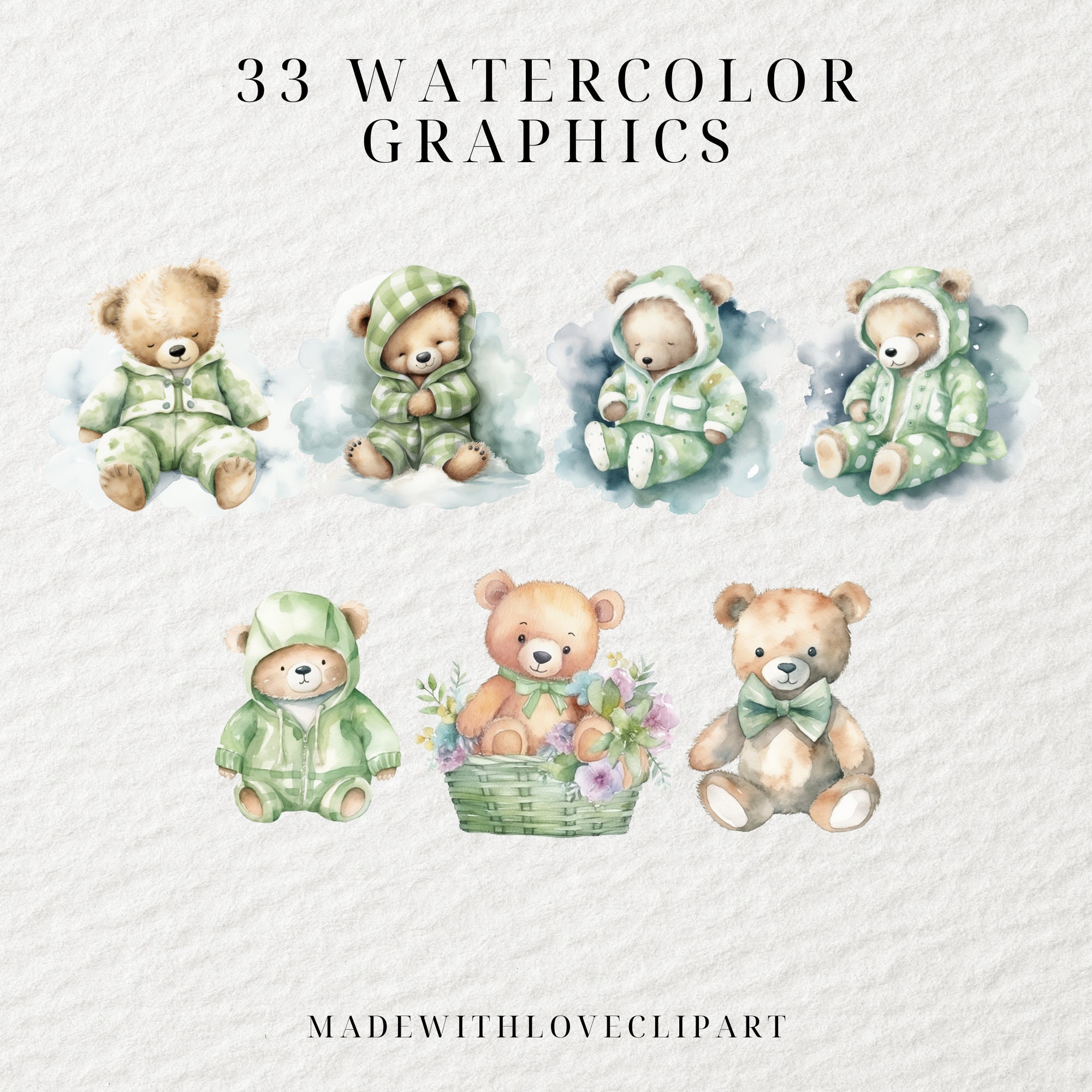 Watercolor Cute Green Teddy Bear Clipart Bundle, Baby Shower Clipart ...