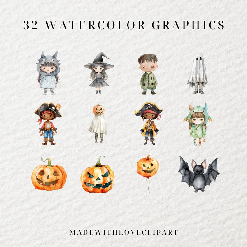 May include: Set of 32 watercolor Halloween graphics featuring various characters and objects, including a ghost, a bat, a pumpkin, a witch, a pirate, a dragon, and a zombie. The graphics are painted in a whimsical style with bright colors.