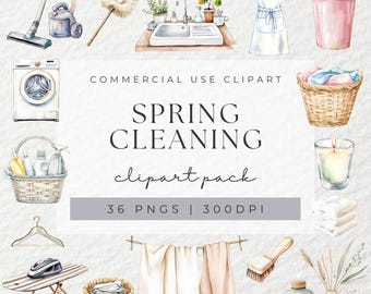Watercolor Spring Cleaning Clipart, Cleaning Clipart, Laundry Clipart, Cleaning Supplies, Chore Clipart, Housekeeping Clipart, Cleaner PNG