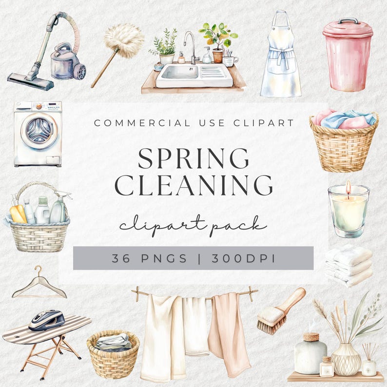 Watercolor Spring Cleaning Clipart, Cleaning Clipart, Laundry Clipart, Cleaning Supplies, Chore Clipart, Housekeeping Clipart, Cleaner PNG image 1