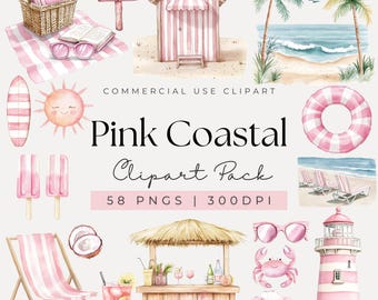 Watercolor Pink Beach Day Clipart, Pink Summer Clipart, Tropical Clipart, Beach Holiday Clipart, Ocean Clipart, Cute Seaside, Vacation, PNG