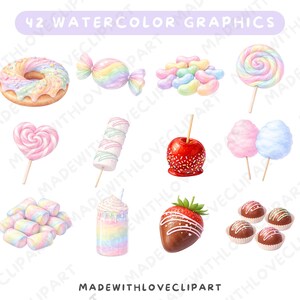 Pu&ograve; includere: Grafica ad acquerello di vari dolci, tra cui una ciambella, caramelle, jelly beans, lecca lecca, lecca lecca a forma di cuore, marshmallow su bastoncino, mela caramellata, zucchero filato, marshmallow, milkshake, fragola ricoperta di cioccolato e tartufi al cioccolato. Testo: "42 WATERCOLOR GRAPHICS".