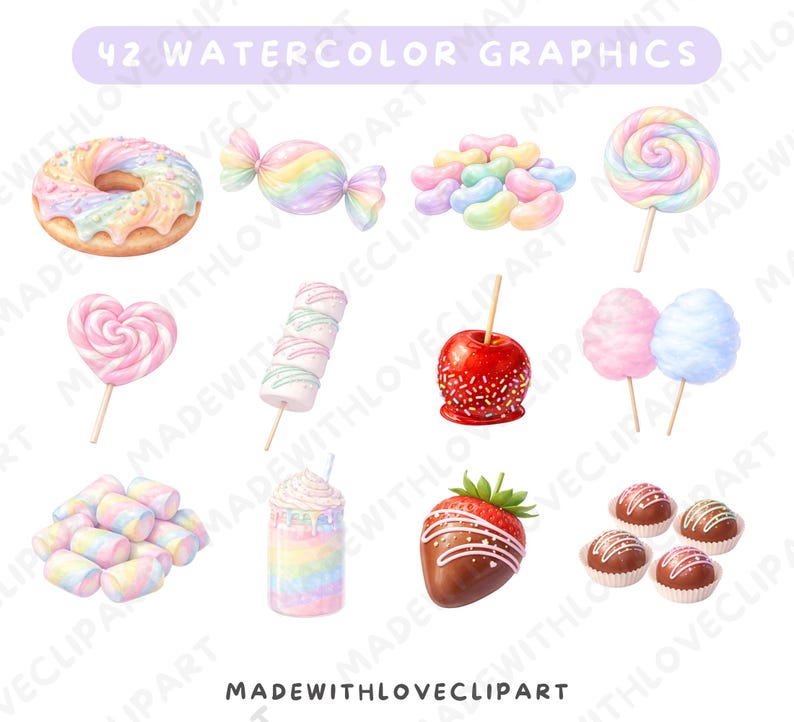 Pu&ograve; includere: Grafica ad acquerello di vari dolci, tra cui una ciambella, caramelle, jelly beans, lecca lecca, lecca lecca a forma di cuore, marshmallow su bastoncino, mela caramellata, zucchero filato, marshmallow, milkshake, fragola ricoperta di cioccolato e tartufi al cioccolato. Testo: "42 WATERCOLOR GRAPHICS".