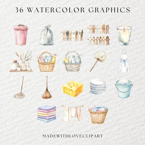 Watercolor Spring Cleaning Clipart, Cleaning Clipart, Laundry Clipart, Cleaning Supplies, Chore Clipart, Housekeeping Clipart, Cleaner PNG image 3