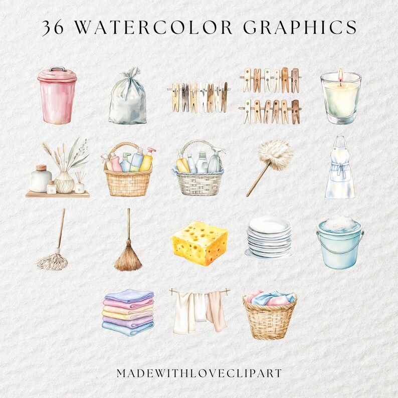 Watercolor Spring Cleaning Clipart, Cleaning Clipart, Laundry Clipart, Cleaning Supplies, Chore Clipart, Housekeeping Clipart, Cleaner PNG image 3