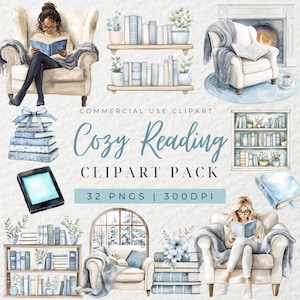 Watercolor Cozy Reading Clipart, Blue Winter Clipart, Book Reading Clipart, Bookworm Clipart, Winter Book Clipart, Book Lover, Bookshelf