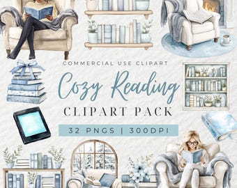 Akvarell mysig läsning Clipart, blå vinter Clipart, bokläsning Clipart, bokmal Clipart, vinterbok Clipart, bokälskare, bokhylla