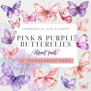 Aquarell rosa und lila Schmetterlinge Clipart, Schmetterling Clipart, rosa Schmetterling Clipart, Pastell Schmetterlinge, lila Schmetterling, Flieder, PNG