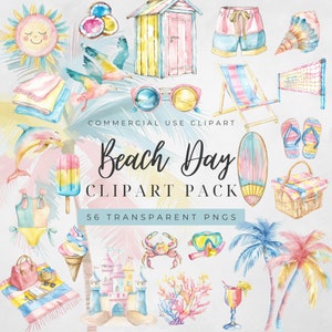 Clipart per il giorno della spiaggia dell'acquerello, Clipart estivo, Clipart di viaggio, Clipart per le vacanze al mare, Clipart sull'oceano, Clipart carino al mare, Vacanze, PNG