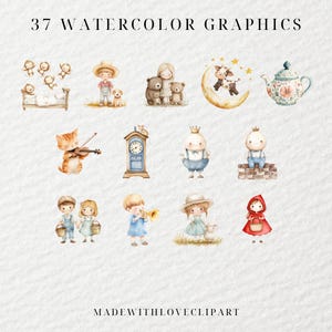May include: 37 Watercolor Graphics. A set of watercolour illustrations featuring a variety of characters and objects, including a teapot, a clock, a cat playing the violin, a girl in a red hood, and a group of bears.
