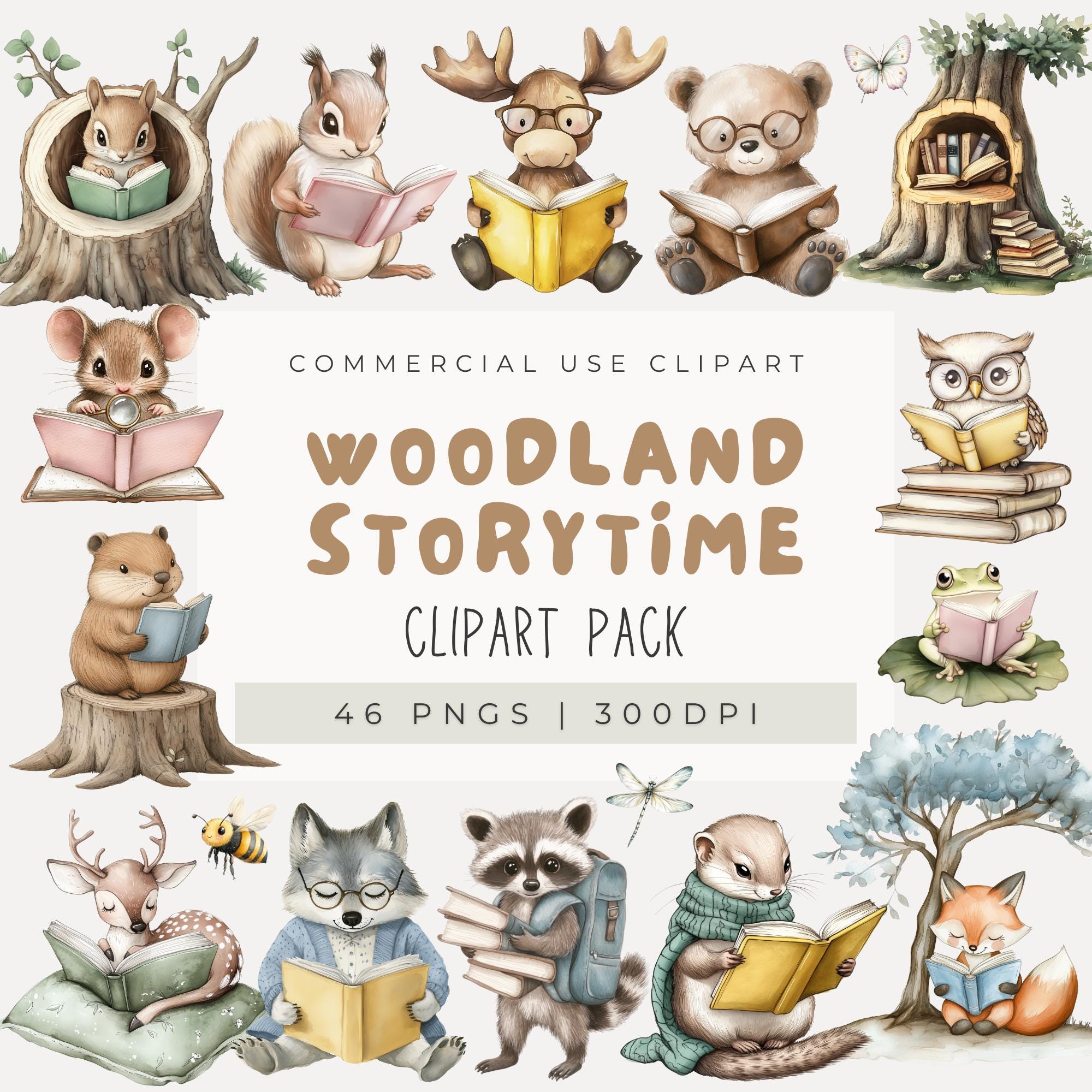 Watercolor Woodland Reading Clipart, Storytime Clipart, Cute Forest Animals, Nursery Clipart, Animals Reading, Book, Fall, Autumn, PNG