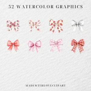 Puede incluir: Conjunto de 10 ilustraciones de lazos en acuarela en varios colores y patrones, incluyendo rosa, rojo, blanco y vichy. Los lazos est&aacute;n todos atados en un nudo simple y tienen un aspecto ligeramente texturizado. El texto "MADEWITHLOVECLIPART" est&aacute; en la parte inferior de la imagen.