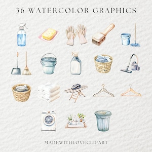 Watercolor Spring Cleaning Clipart, Cleaning Clipart, Laundry Clipart, Cleaning Supplies, Chore Clipart, Housekeeping Clipart, Cleaner PNG image 2