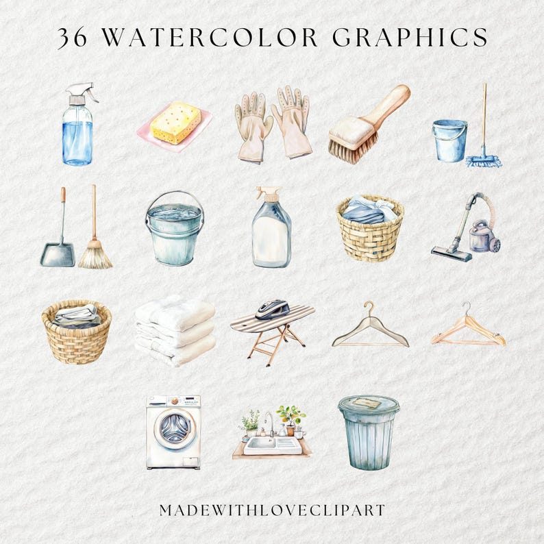 Watercolor Spring Cleaning Clipart, Cleaning Clipart, Laundry Clipart, Cleaning Supplies, Chore Clipart, Housekeeping Clipart, Cleaner PNG image 2