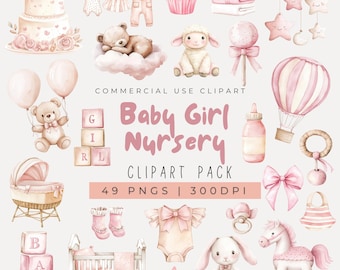 Aquarelle rose des cliparts chambre d'enfant, des cliparts petite fille, des cliparts ours en peluche, des cliparts baby shower, nouveau-né, jouets pour bébé, rose sexe révéler
