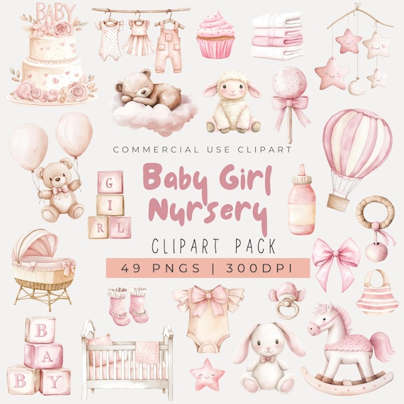 Watercolor Pink Baby Nursery Clipart, Baby Girl Clipart, Teddy Bear Clipart, Baby Shower Clipart, Newborn, Baby Toys, Pink Gender Reveal