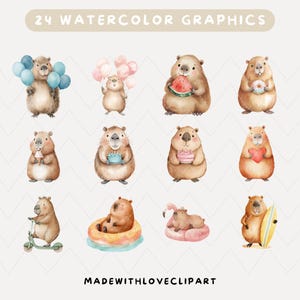 Aquarel schattige capibara clipart, dierlijke clipart, capibara dier, zomer dier, capibara verjaardag clipart, capy verjaardag, schattig knaagdier, png afbeelding 3