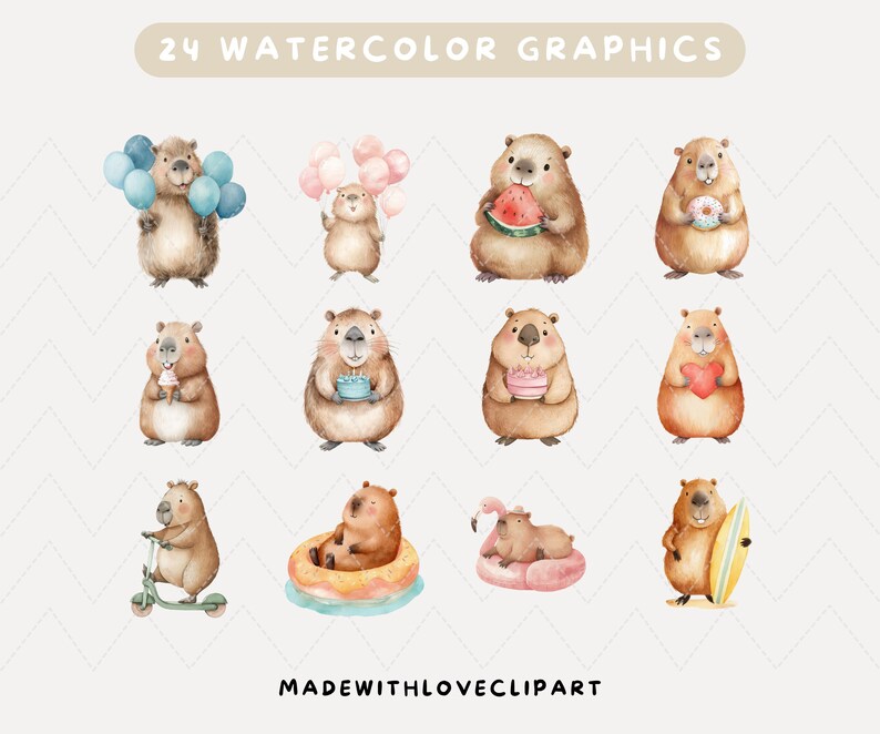 Aquarel schattige capibara clipart, dierlijke clipart, capibara dier, zomer dier, capibara verjaardag clipart, capy verjaardag, schattig knaagdier, png afbeelding 3
