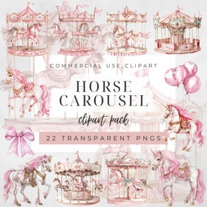 Bundle de cliparts carrousel cheval rose aquarelle, clipart cheval, clipart carrousel rose, poney clipart, clipart carrousel, clipart carnaval