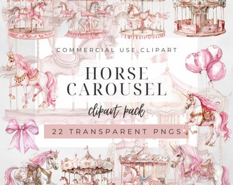 Watercolor Pink Horse Carousel Clipart Bundle, Horse Clipart, Pink Carousel Clipart, Pony Clipart, Carousel Clipart, Carnival Clipart