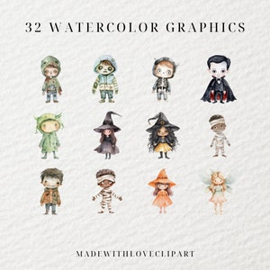 May include: 32 watercolor graphics of children dressed in Halloween costumes. The costumes include a zombie, a skeleton, a vampire, a monster, a witch, a mummy, a fairy, and a ghoul. The graphics are perfect for creating Halloween cards, invitations, or decorations.