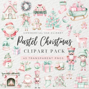 Clipart Noël pastel aquarelle, clipart père Noël, clipart Noël, clipart ornement, renne, elfe, arbre de Noël, casse-noisette, PNG
