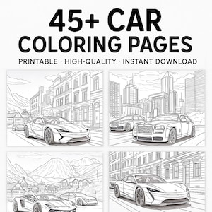 45+ Printable Car Coloring Pages with Backgrounds | Instant Download for Kids & Adults | Supercars, Luxury Cars, City Scenes