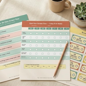 May include: A collection of screen time management tools, including a weekly chart, a list of daily tasks, and screen time bucks. The items are in pastel colors with text like "Earn Your Screen Time" and "Screen Time Bucks."