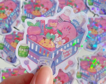 cute kirby asian snacks and drinks aesthetic holographic die cut sticker fan art | journal | laptop | water bottle