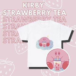 Kirby Drinking Strawberry Boba Tea Unisex Heavy Cotton T-Shirt - Gift for her - Kirby Shirt - Cute Kirby - Cute Gifts
