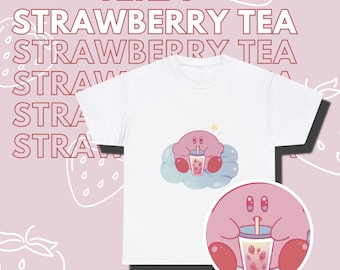Kirby Drinking Strawberry Boba Tea T-shirt in cotone pesante unisex - Regalo per lei - Camicia Kirby - Kirby carino - Regali carini