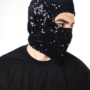 Ski mask, balaclava sequin shiny Black Handmade Special Design Unique Face Snow Mask, Custom Mask, Motorcycle mask, Night club mask