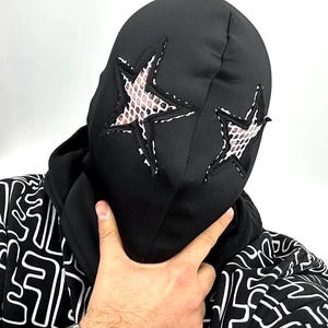 Máscara de esqui balaclava estrela feita à mão, designer personalizado inspirado, olhos abertos, capa protetora de cabeça para esportes de inverno, snowboard, esqui, caminhada