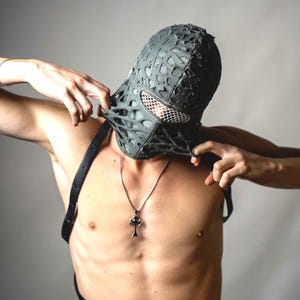 Handmade balaclava ski mask, torn and tattered, shabby tacky cotton ragged full face cover and protector Fragmented, unisex, all ages