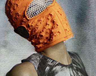 Handmade orange balaclava ski mask  tatty torn cotton, tattered and ragged style Fragmented, unisex for all, sports winter outdoor indoor