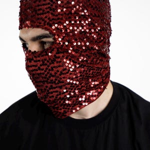 Ski mask, balaclava sequin shiny Red  Handmade Special Design Unique Face Snow Mask, Custom Mask, Motorcycle mask, Night club mask