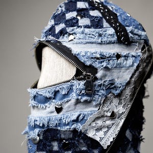 Máscara balaclava feita à mão, modelo especial em tecido jeans rasgado com zíper, máscara de designer, máscara personalizada, máscara de motociclista