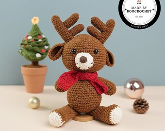 Brown Reindeer With Red Scarf Plush Toy Crochet Pattern | Easy Crochet Christmas Bear |  Christmas Bears | Holiday Crochet | Boo.Crochet
