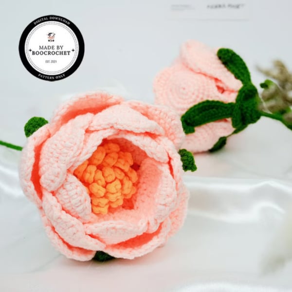 Motif pivoine au crochet | Bouquet de fleurs au crochet | Cadeau fleur | Fleur tricotée à la main | Décoration d'intérieur | Motif de fleurs au crochet | Boo.Crochet