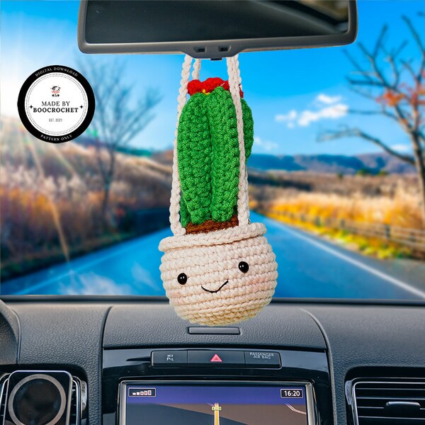 Red Cactus Flower Basket Car Hanging Crochet Pattern | Car Accessories | Crochet Car Decor | Car Mirror Hanging Accessories | Boo.Crochet