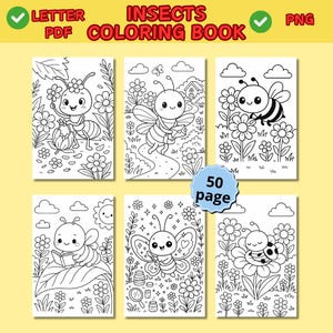 insect coloring pages, bug coloring book, children coloring book, kawaii coloring book, insect-themed coloring for toddlers, cute bugs