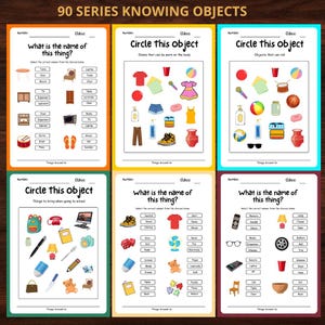 Puede incluir: Un conjunto de seis hojas de trabajo educativas con ilustraciones y texto coloridos. Las hojas de trabajo están diseñadas para enseñar a los niños sobre objetos, con títulos como "¿Cómo se llama esto?" y "Encierra este objeto".
