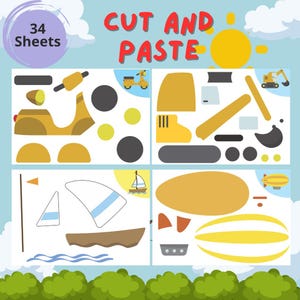 May include: A colorful cut-and-paste activity sheet with illustrations of vehicles, including a scooter, excavator, sailboat, and airship. The text "CUT AND PASTE" is displayed in red letters, and "34 Sheets" is in a purple circle.