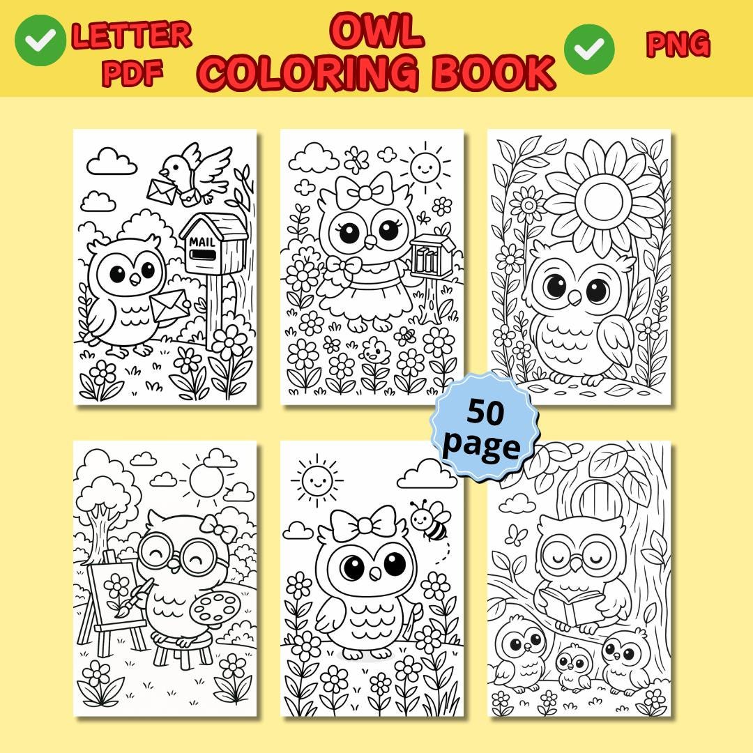 Cute owl coloring book, Kawaii coloring book, Animal coloring book, Easy coloring pages, Woodland ow