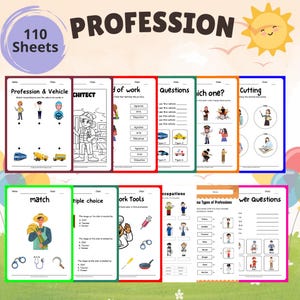 May include: A collection of educational worksheets with the title "PROFESSION" and the text "110 Sheets." The worksheets cover various topics, including matching professions with vehicles, coloring, and multiple-choice questions. The image includes illustrations of different occupations.