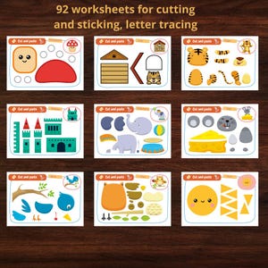 May include: Nine colorful worksheets for cutting and pasting, featuring various shapes and images like a house, tiger, and castle. The text at the top reads "92 worksheets for cutting and sticking, letter tracing."